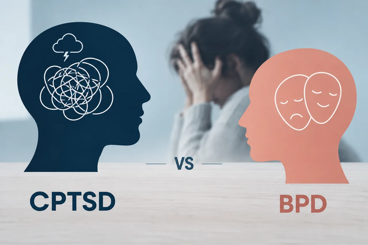 Two head silhouettes labeled CPTSD and BPD facing each other, with a distressed woman in the background