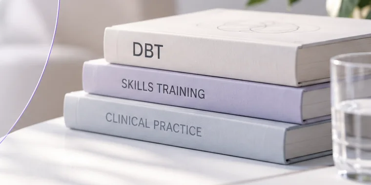 Stack of DBT textbooks on a table in a bright therapy office
