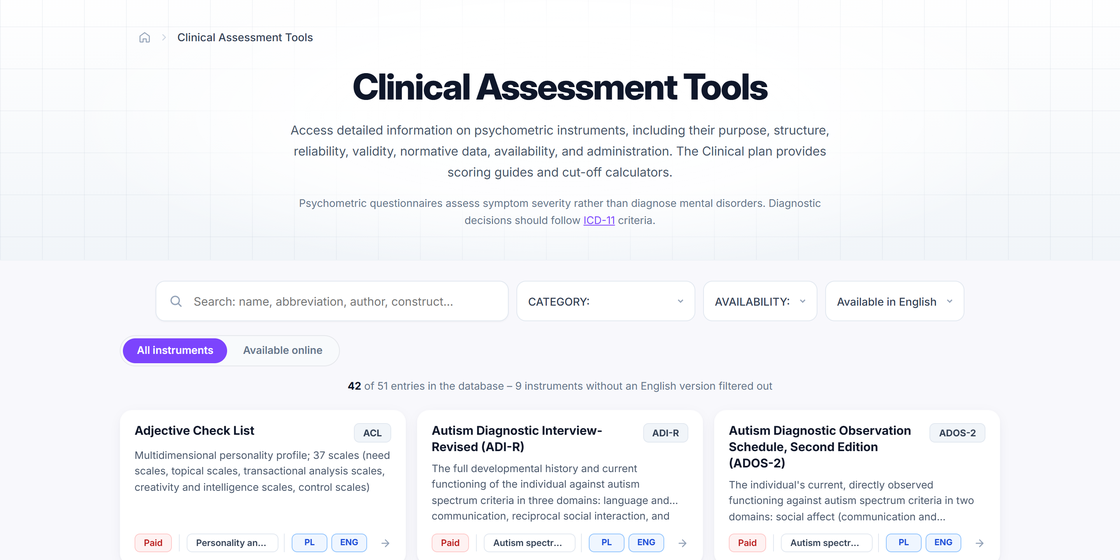 The list of clinical tests and instruments with its filters