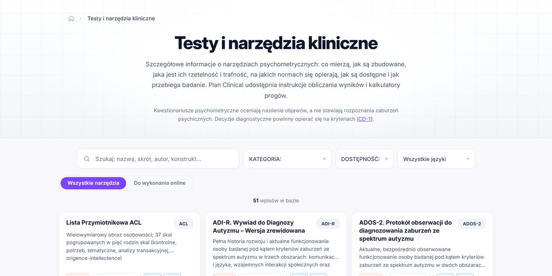 Lista testów i narzędzi klinicznych z filtrami