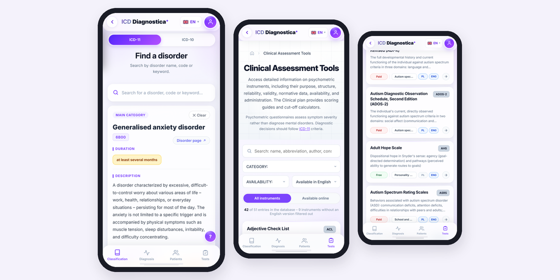 The ICD-11 classification and the test database on a phone screen